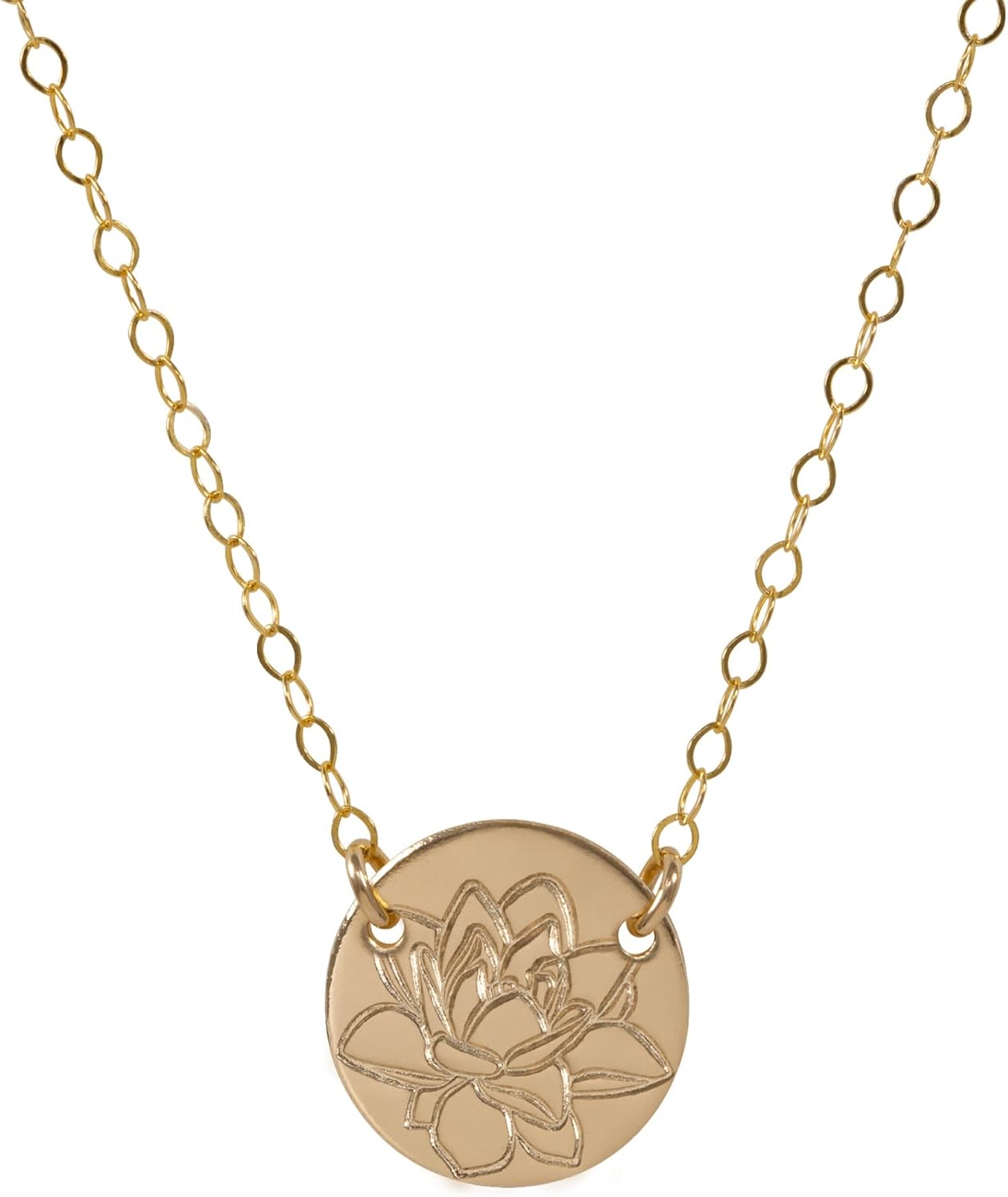 Birth Flower Necklace for Women, 14k Gold Filled Hand Stamped Birth Month Floral Pendant, Personalized Dainty Engraved Coin Disc Necklace, Custom Jewelry Birthday Gift for Mom, Daughter, Wife, or Friend