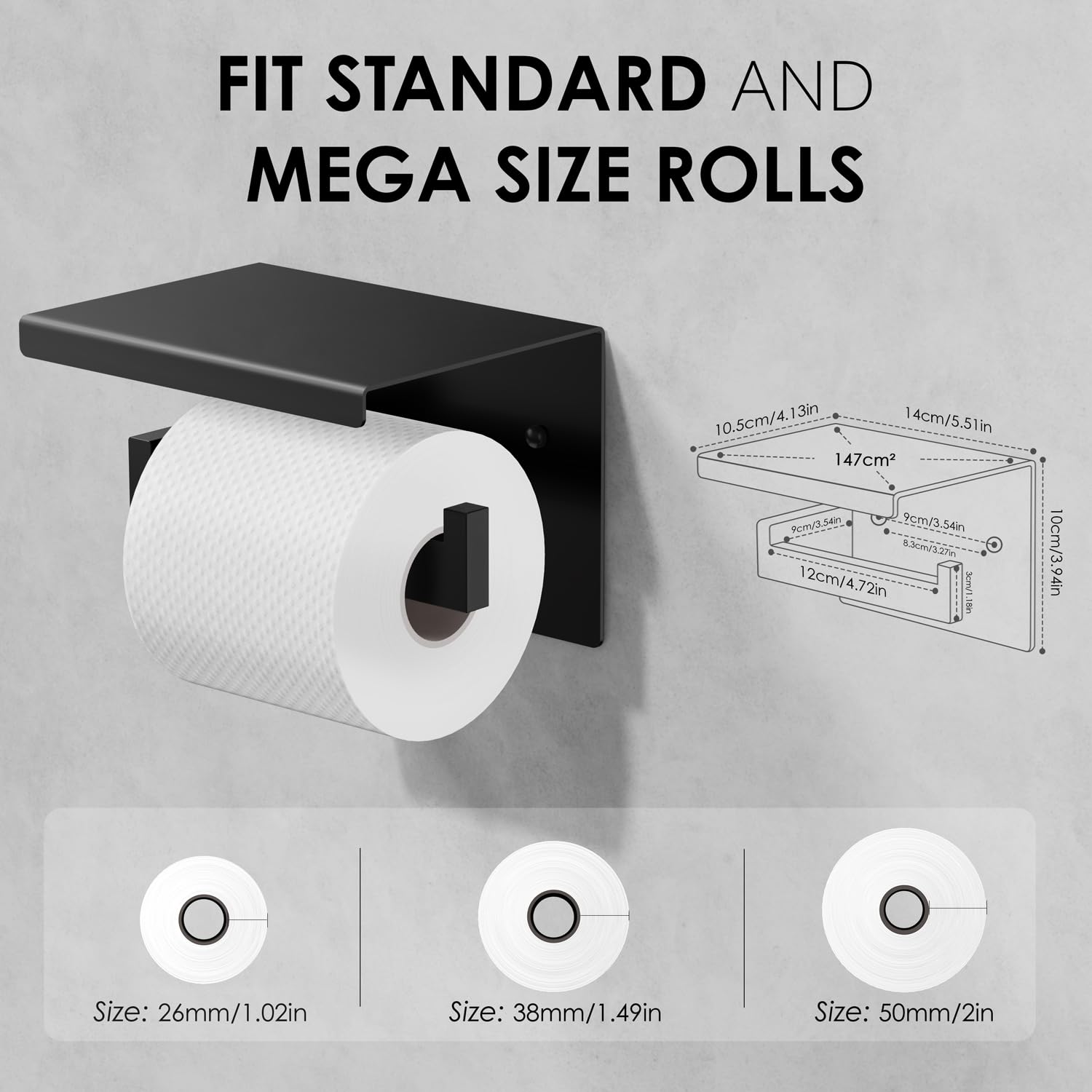 Auxmir Portarrollos Papel Higienico, Portarrollos Baño Adhesivo, Acero Inoxidable, Porta Rollos de Papel Higienico con Estante de Almacenamiento, Soporte Papel Higienico para Cocina, Baño, Negro