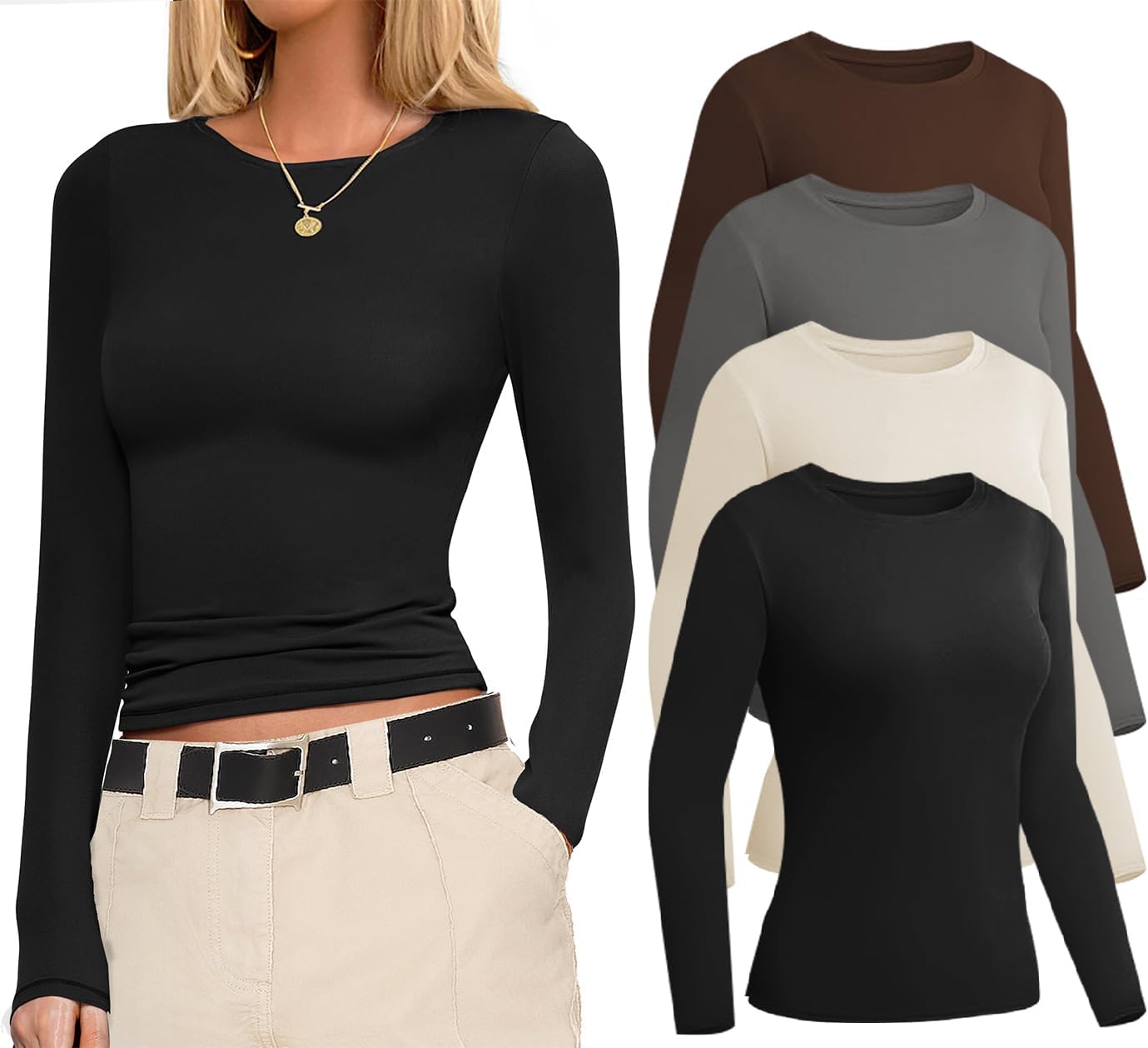 Ekouaer 4 Pack Women's Long Sleeve Basic Shirts Fitted Workout Tops Athletic Underscrubs Undershirts XS-XXL