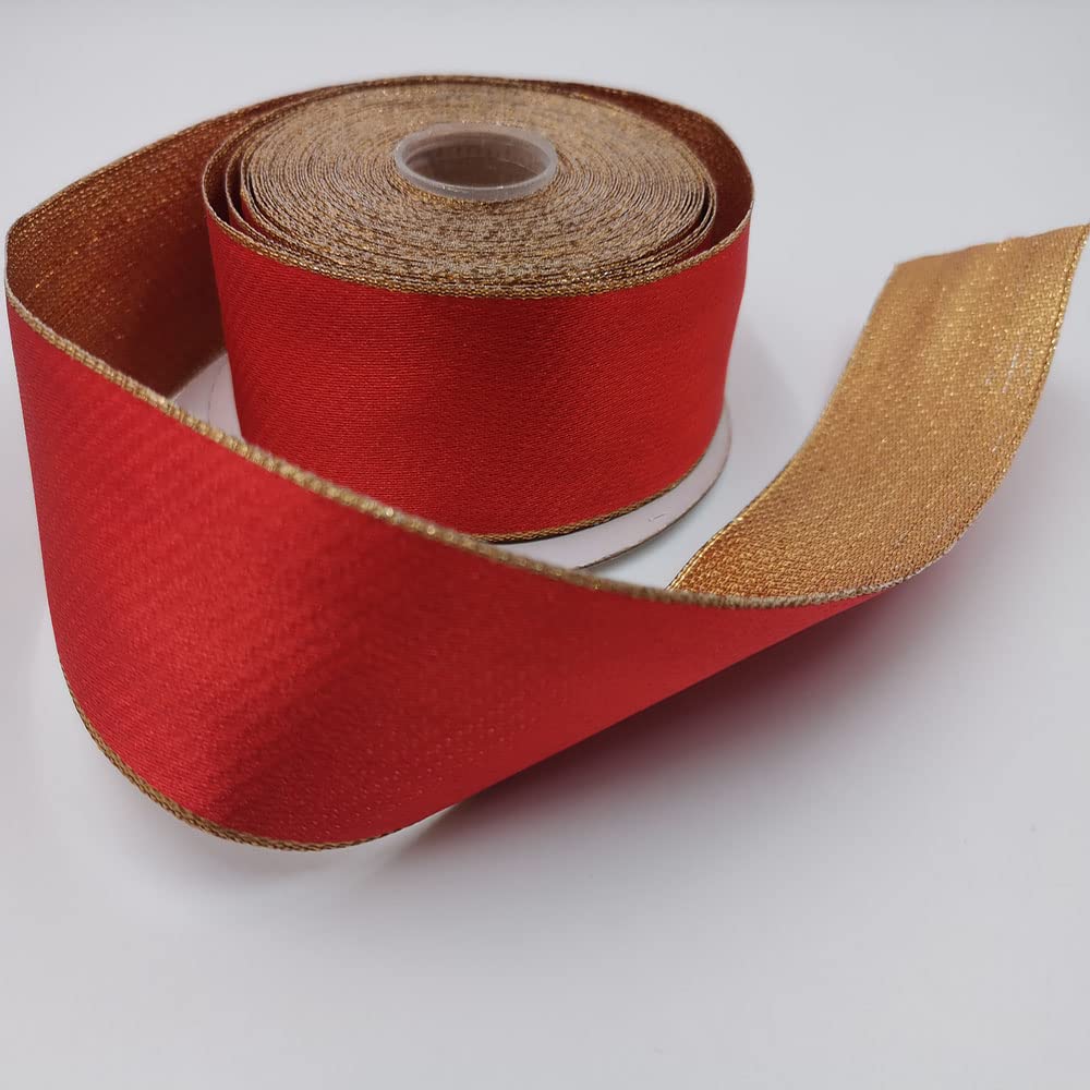 KLTRIBBON Christmas Wired Ribbon Red Gold Lame for Xmas Wreath Bows Floral Craft Ornaments,1 1/2 Inch X 10 Yards - Image 2