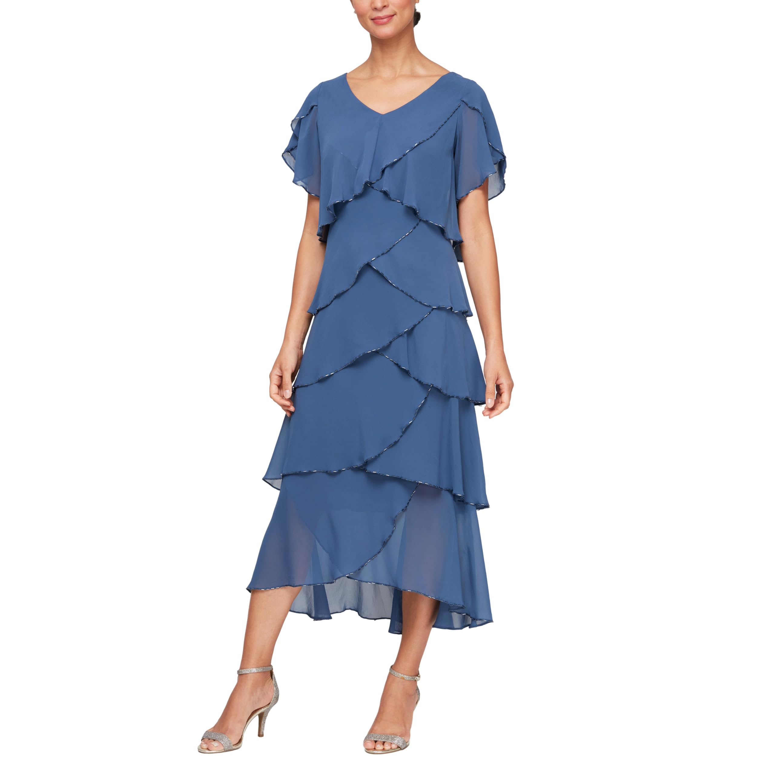 S.L. Fashions Women's Short Sleeve Solid Tulip Tiered Chiffon Dress (Missy and Petite), Wedgewood Tier, 10