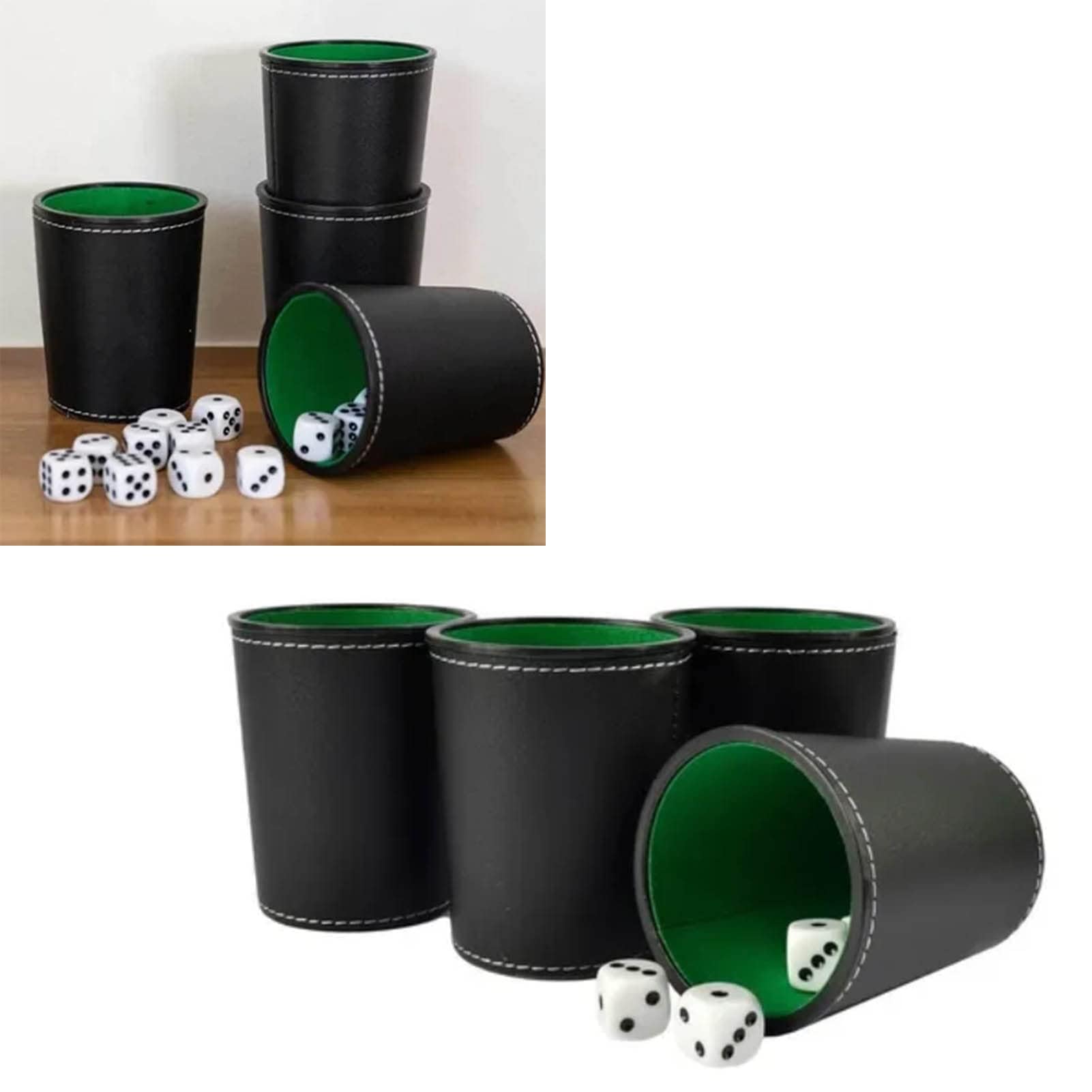HERCHR 5Pcs Set di Tazze per Dadi in Pelle PU Fodera in Feltro Agitatore Silenzioso con 20 Dadi a Punti Scatola Nera Agitante per Yahtzee Farkle Bar Giochi di Dadi per Feste