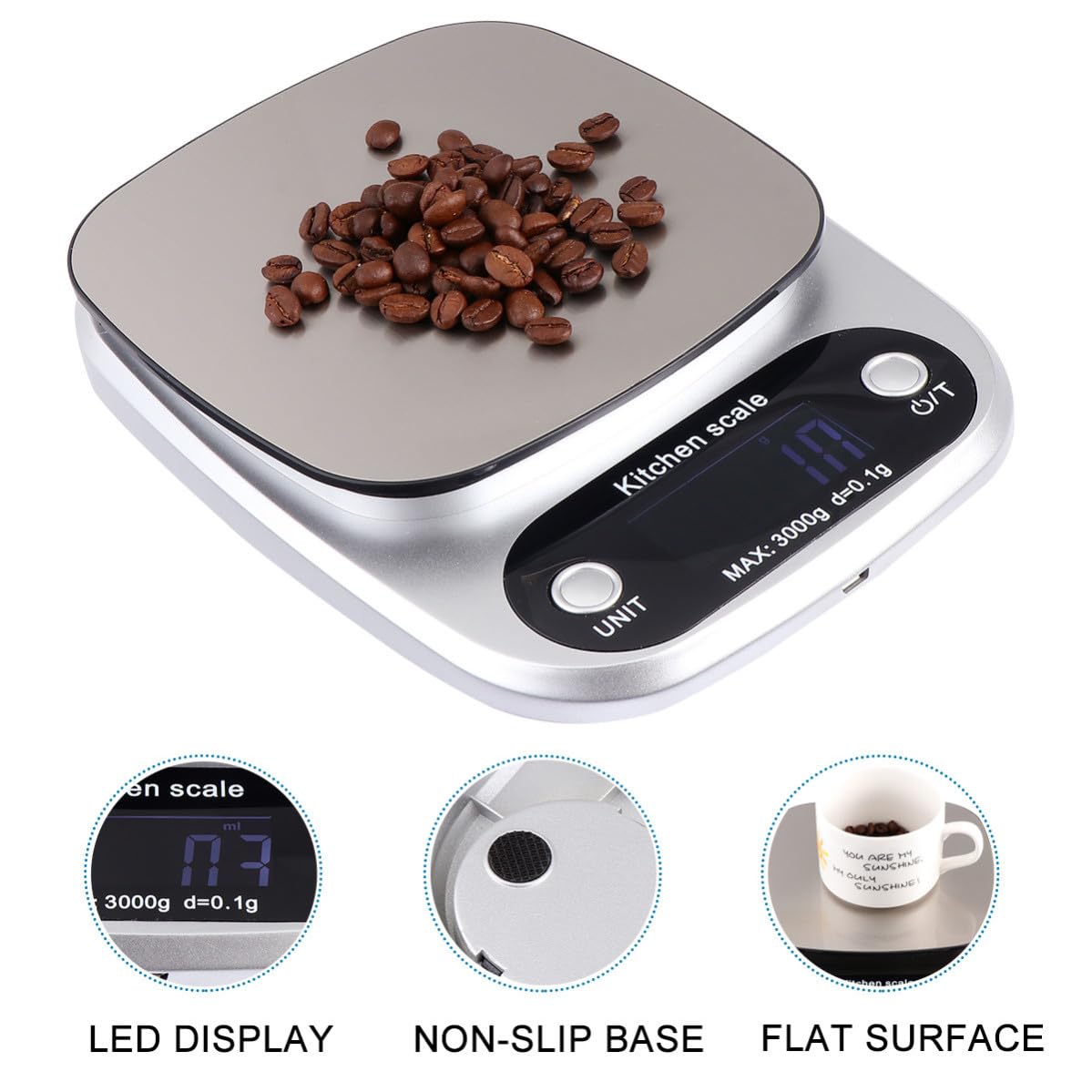 Báscula y Precisión de 0,1 G de Cocina Digital de Acero Inoxidable Recargable Capacidad de 3 Kg Portátil Uso en Cocina