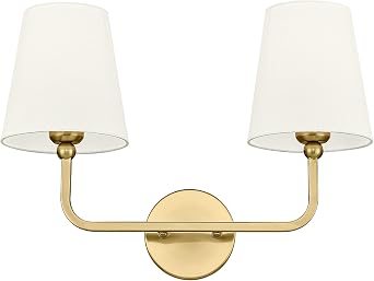 2-Light Brushed Gold Bathroom Vanity Light, Beige Fabric Shades