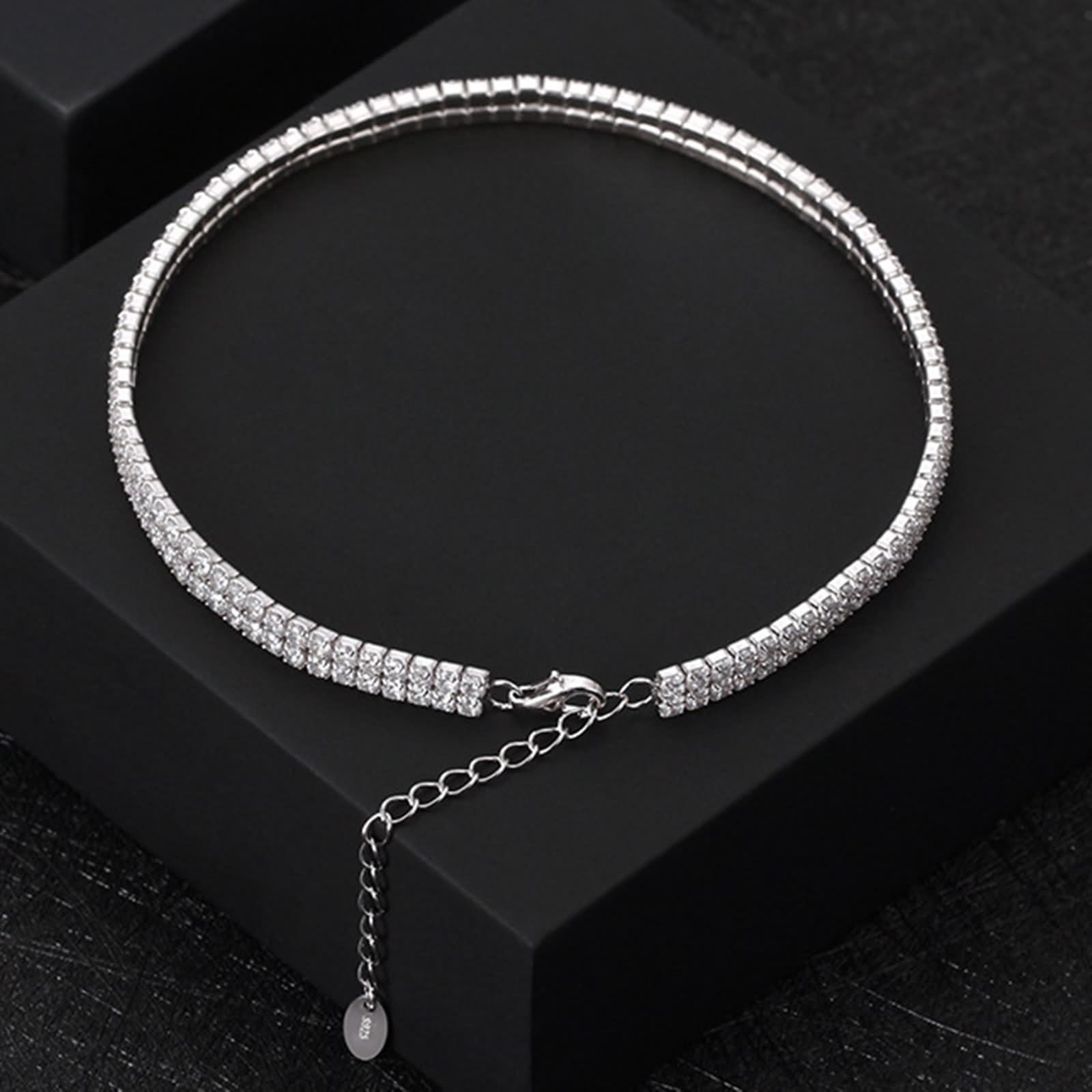 Tobillera de plata para mujer, tobillera de plata de ley 925, cadena de tenis de 2 capas, tobillera bohemia para mujer con circonita cúbica blanca redonda, Plata de ley, Circonita cúbica