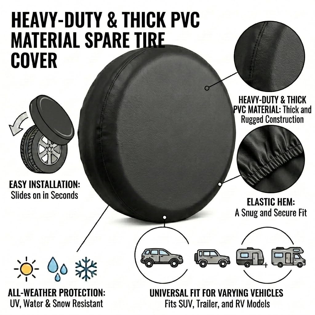 Comily Plus+ Spare Tyre Cover 14 Inch (Fits 175/70R14 185/70R14 195/70R14 205/70R14)-Thick Waterproof PVC + Elasticized Back Hem,Fits RV/Trailer/Camper, Black — view 4