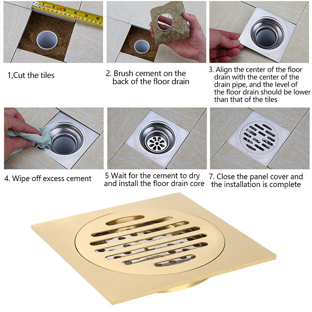 Drenaje de Piso de Ducha Desagüe de baño Desagüe de Piso de Ducha Cuadrado de latón para el hogar con colador de Cabello extraíble Accesorio de Hardware de Drenaje de Agua de baño