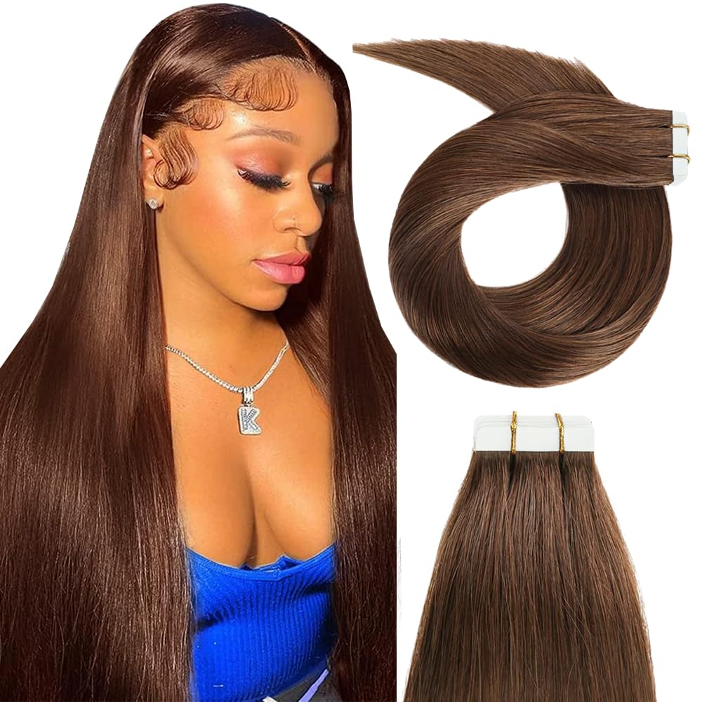 Photo 1 of 26 Inch Tape In Hair Extensions Color #4 Straight Hair Extensions HuxoWax Double Weft Invisible Brown VirgIn Soft And Silky Remy Hair