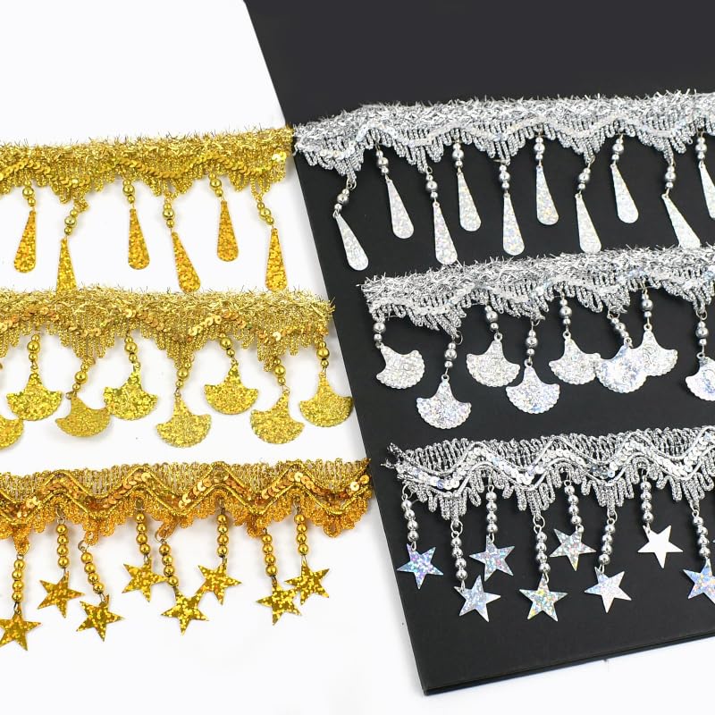 Generisch 1/2/4Meters Star Sequins Tassel Lace Gold Silver Beaded Fringe for Dance Dresses Trim Ribbon Party Tassels Sewing Accessories(RC444-LaserSilver-85,4Meters)