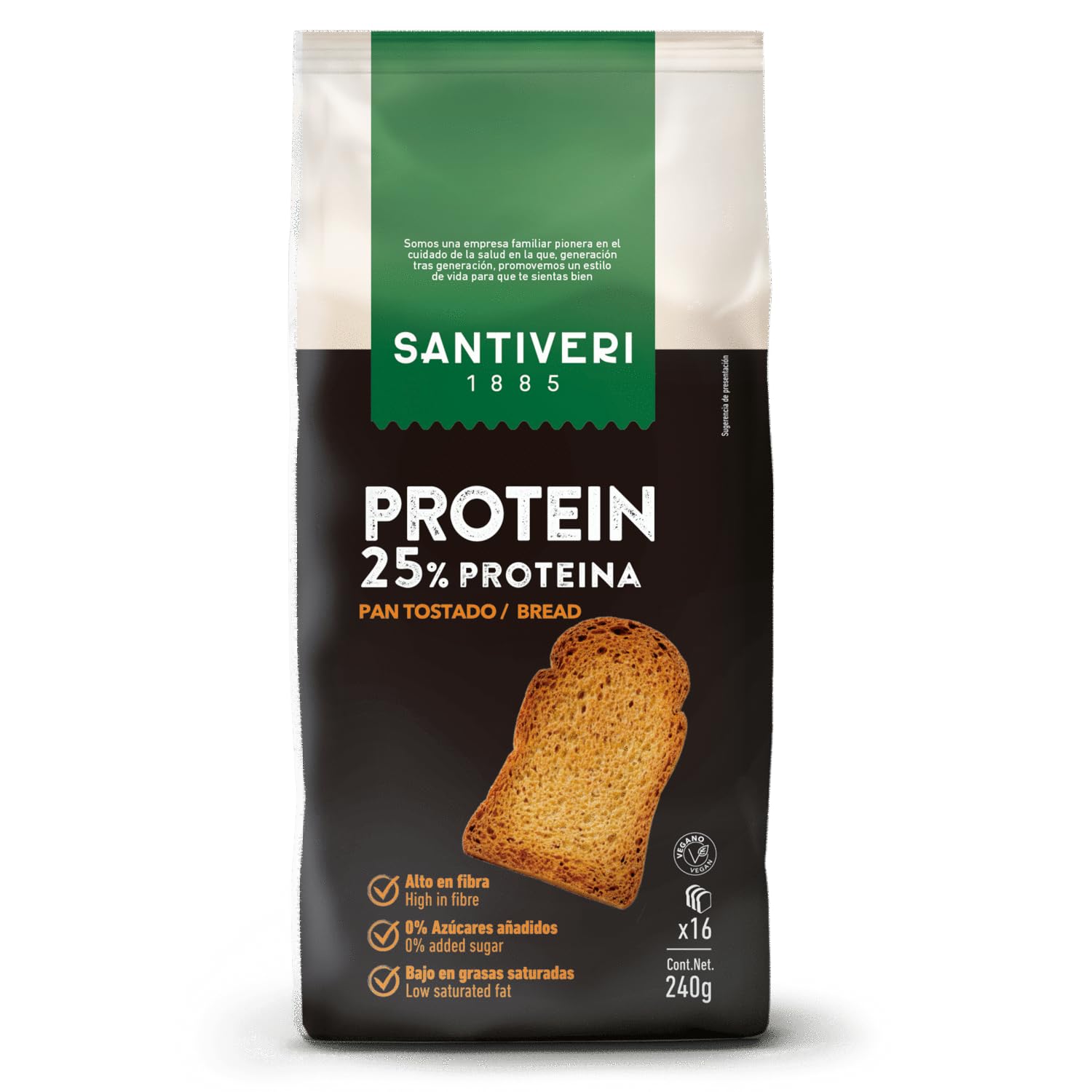 SANTIVERI – Pan Tostado Proteico con 25% de Proteína, Alto en Fibra, Pan Proteico con Proteína Vegetal, Bajo en Azúcares – 365 g