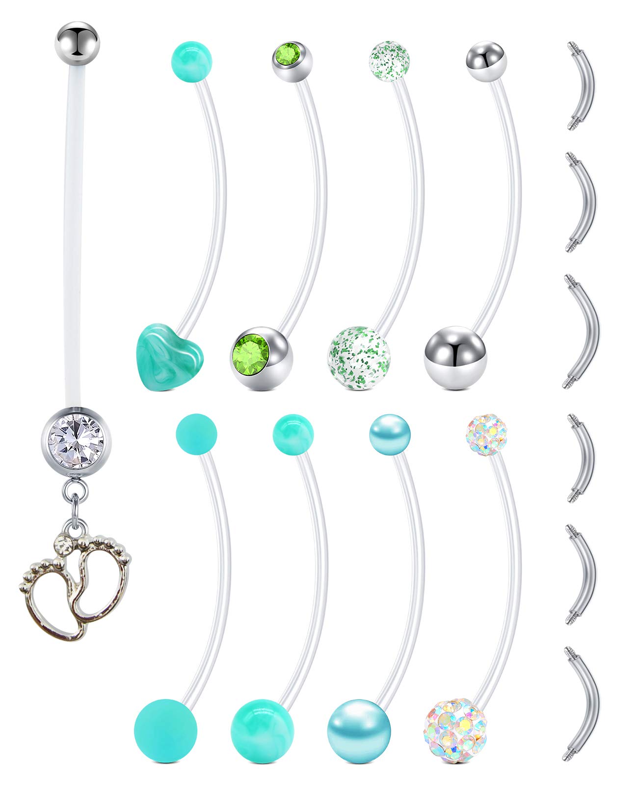 LAURITAMI 9pcs Pendientes Piercing Ombligo Embarazada Maternidad Acrílico Bioflex 14G 38mm Embarazo Barbells Largo Pie de Bebe Joyas Barra 6/8/10mm