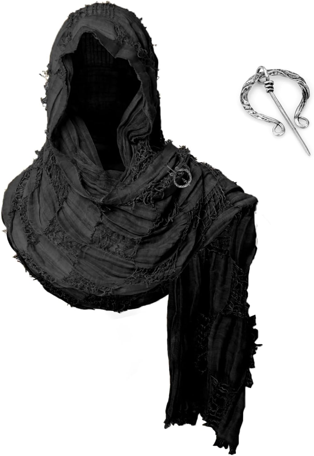 Medieval Scarf Cowl Men with Brooch, Viking Cowl Hood Cloak, Renaissance Rogue Hooded Shaw, for Halloween Cosplay