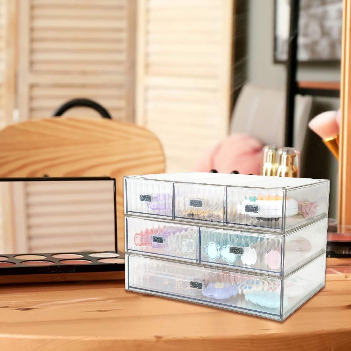 3PCS Cassetti Plastica Impilabili, Cassettiera Trucchi in Acrilico | Desktop Storage Box, Schminktisch Organizer mit 3 Schubladen, Aufbewahrungsboxen für Haus Kosmetik Schmuck Büro