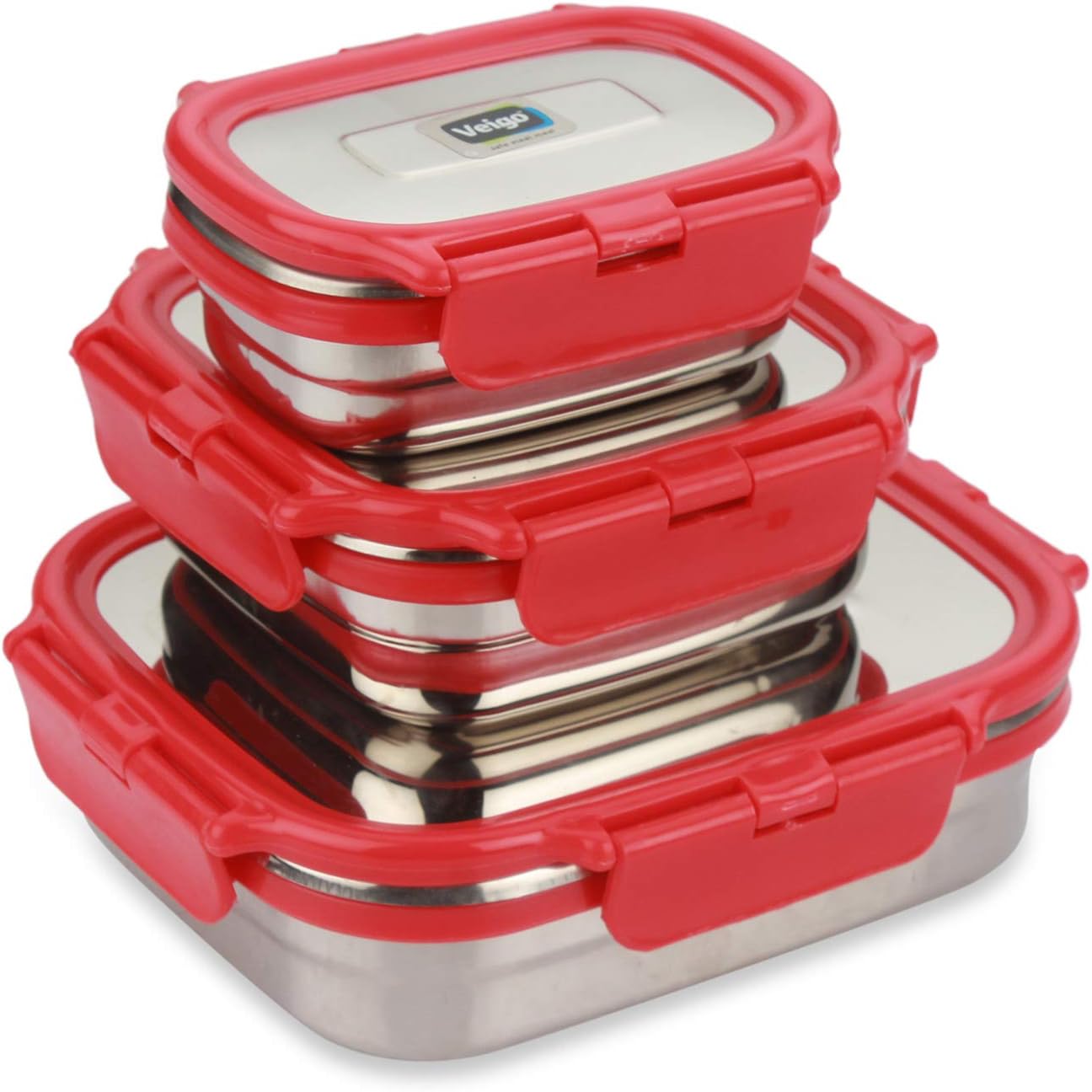 Veigo Premium Finish Classic Celebration Big, Small & Medium Stainless Steel Lunch Box Airtight Leakproof Easy to fit into Any Bags Perfect for Office,School,Outdoor-630ml+330ml+180ml Red