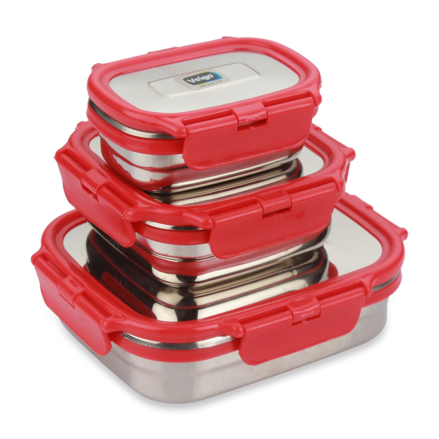 Veigo Premium Finish Classic Celebration Big, Small & Medium Stainless Steel Lunch Box Airtight Leakproof Easy to fit into Any Bags Perfect for Office,School,Outdoor-630ml+330ml+180ml Red (B07TV7DLYH) Amazon Price History, Amazon Price Tracker