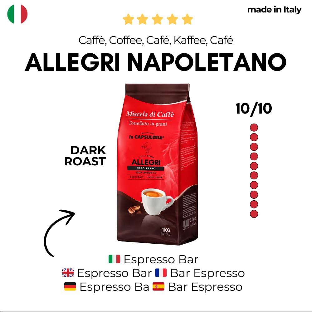 CAFÉ EN GRANO ALLEGRI NAPOLETANO (6 kg) - 100% Robusta | Pack 6 kg (6 x 1 kg) | Café en grano 100% Robusta, tostado en Italia, fuerte, intenso y con cuerpo