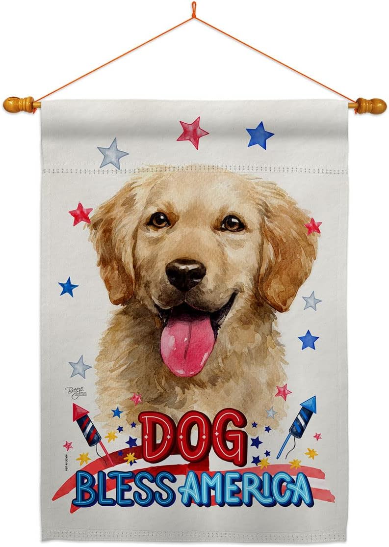 Breeze Decor Patriotic Golden Retriever House Flag Dowel Set Dog Puppy Spoiled Paw Canine Fur Pet Nature Farm Animal Creature Banner Small Garden Yard Gift Double-Sided, Made in USA