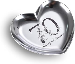 Seventy and Stunning 70 Birthday Stainless Steel Jewelry Tray Gifts Laser Engraved Heart Shape Dish Personalized 70th Birthday Gifts for Wife Mother Grandmother Friend