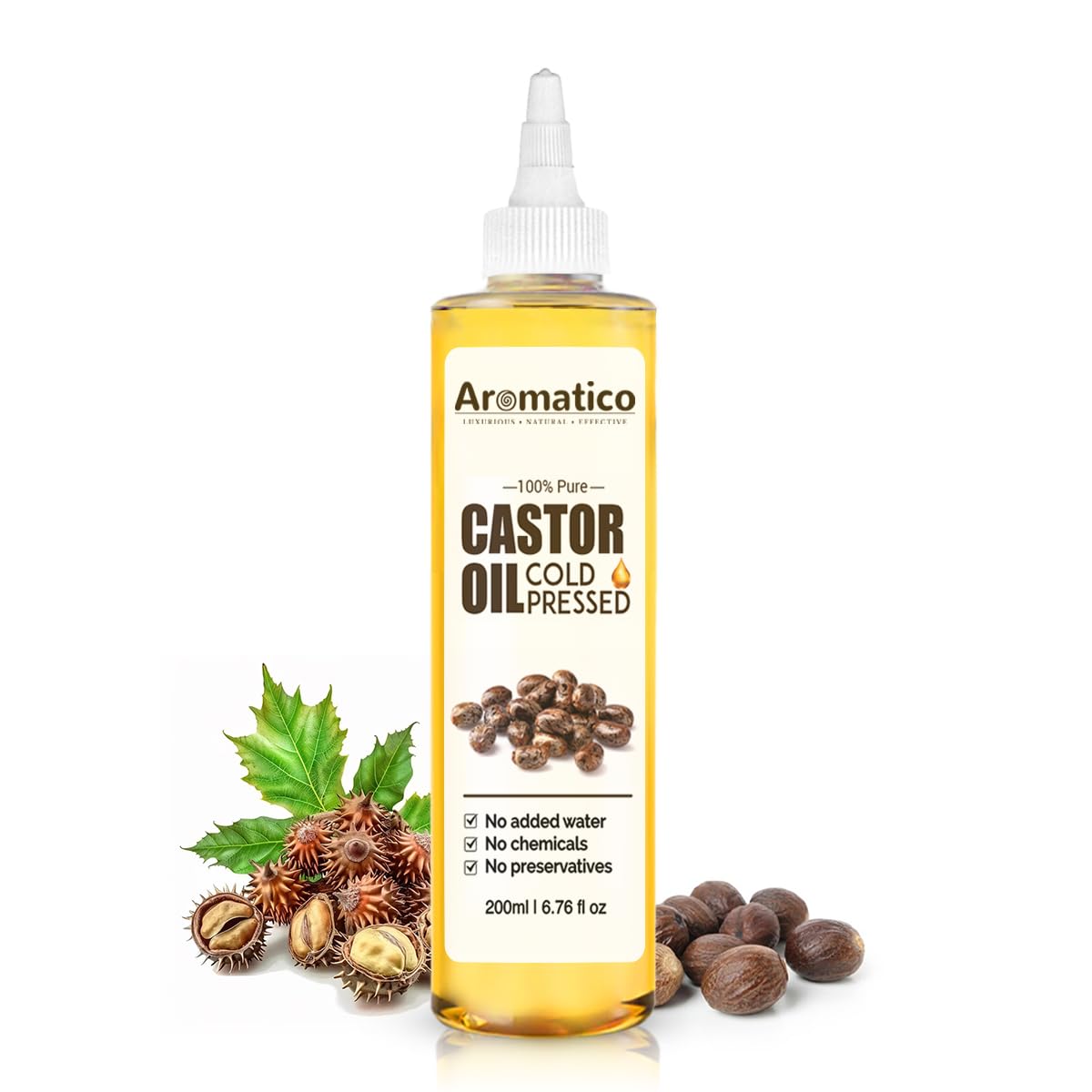 AROMATICO 100% Pure Cold-Pressed Castor Oil - 200ml. Promotes hair growth & hair health. Moisturizes Skin, Helps Reduce Wrinkles. Virgin Grade. For All Hair & Skin Types.