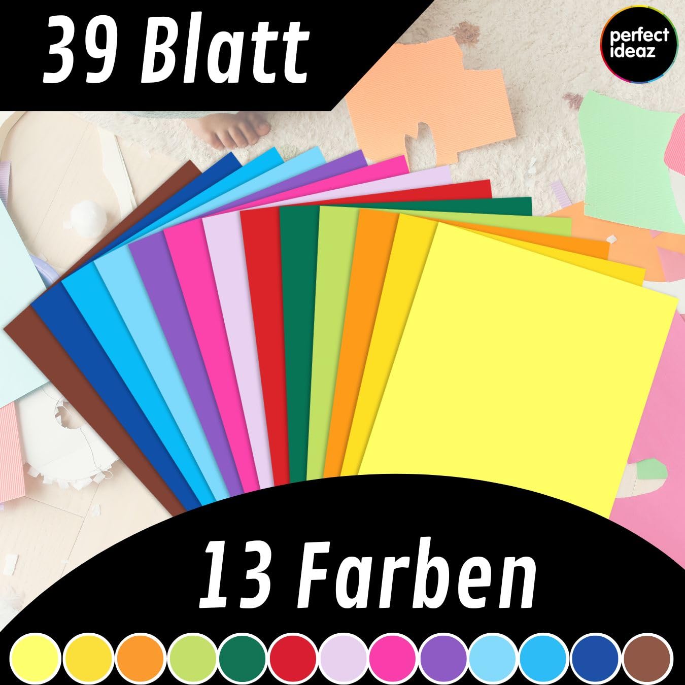 perfect ideaz – 39 arkuszy kartonu kolorowego DIN-A3, 13 kolorów, 180 g/m², wyprodukowano w Niemczech, certyfikat Blauer Engel