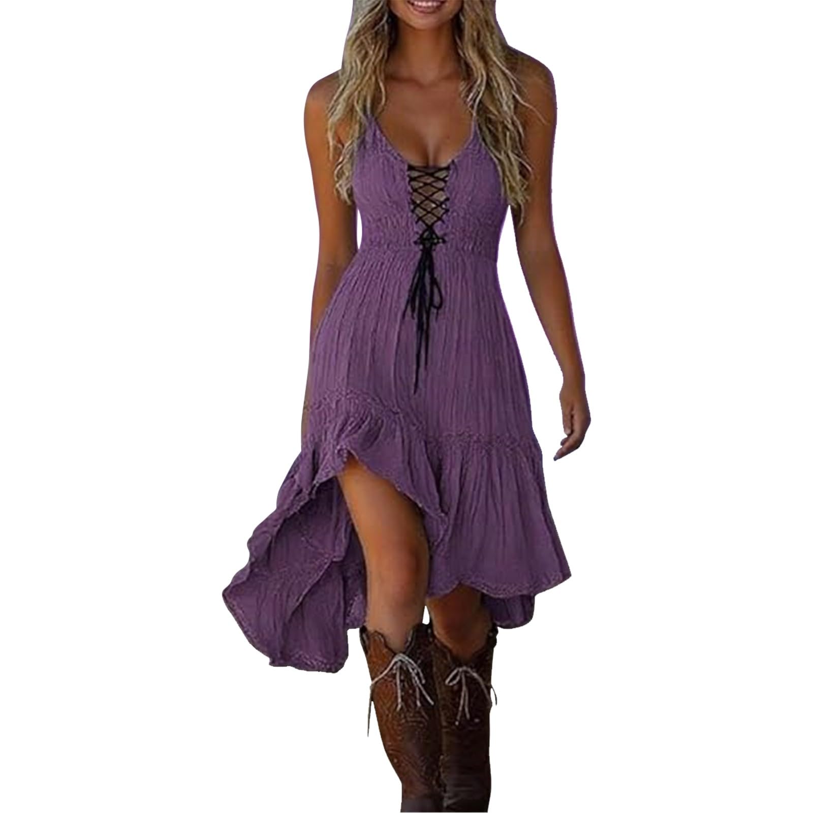 Purple Women's Vintage Western Cowboy Denim Dress - Floral Lace Trim Off Shoulder Flare Dress Halloween Costume 70S Inspired Prairie Outfit Country Party Dresses Ladies Cowgirl Retro Cosplay Wear