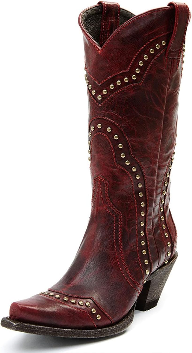 Cowboy Boots for Women Western Boots Cowgirl Ladies Pointed Toe Pull On Mid Calf Classic Fashion Dress Retro Boots