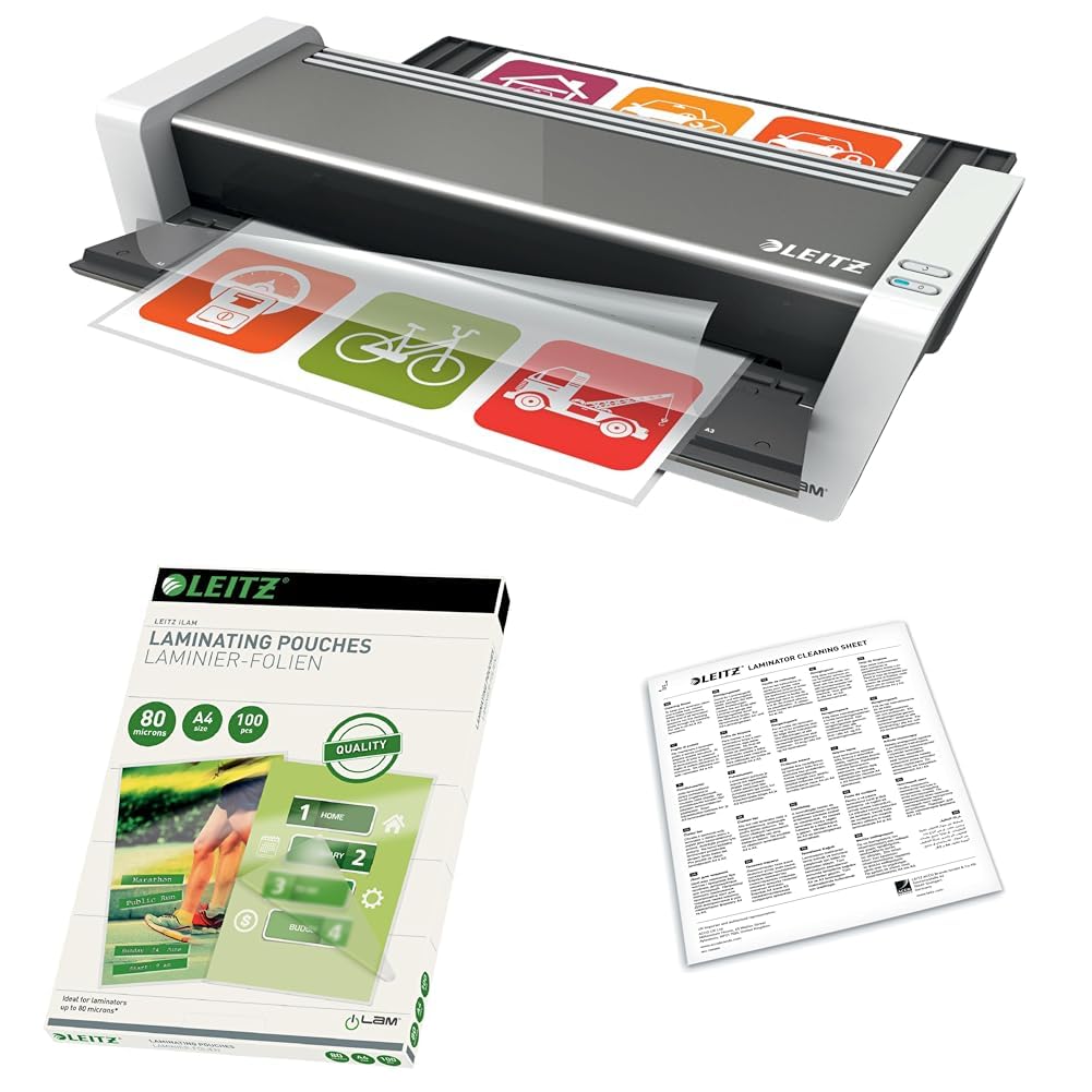 Leitz iLAM Set A3 Laminiergerät Touch 2, Vollautomatisches High Speed Premium Laminiergerät, 74744000 + Laminierfolien A4 80 mic 100er Pack, 33818 + Premium A3/A4-Reinigungsblätter 5er-Pack, 72550000