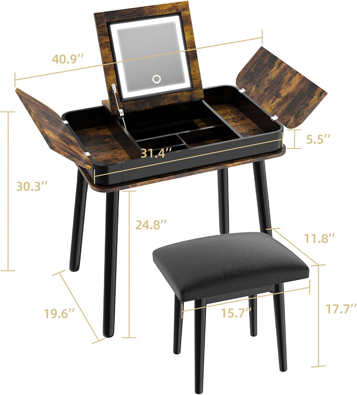 Generic Eyfyfes Small Vanity Desk with Flip Top Mirror & 3-Color LED Lights,Makeup Dressing Table with Power Outlet,Cushioned Stool,Brown, Medium
