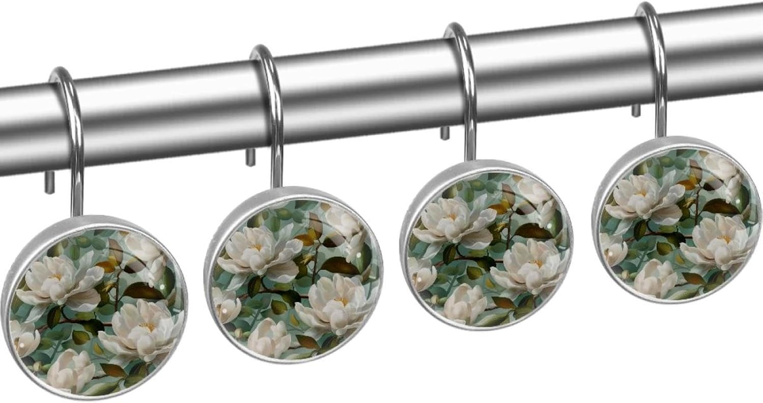 White Magnolias Shower Curtain Hooks, Rustproof Shower Curtain Rings for Bathroom, Metal Decorative Shower Curtain Hooks Hangers for Shower Curtain Rod, Set of 12 Round Shaped