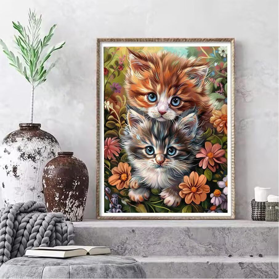 Broderie diamant 5D fleurs et chat avec strass de haute précision - 2