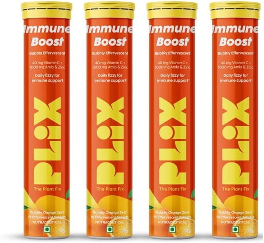 PLIX Vitamin C Immunity Booster 15 Effervescent Tablets | Pack of 4 (Orange Flavour) | Contains Amla and Zinc | Helps Improve Mood | Increases Energy Levels | Gluten-Free | Non-GMO | Vegan