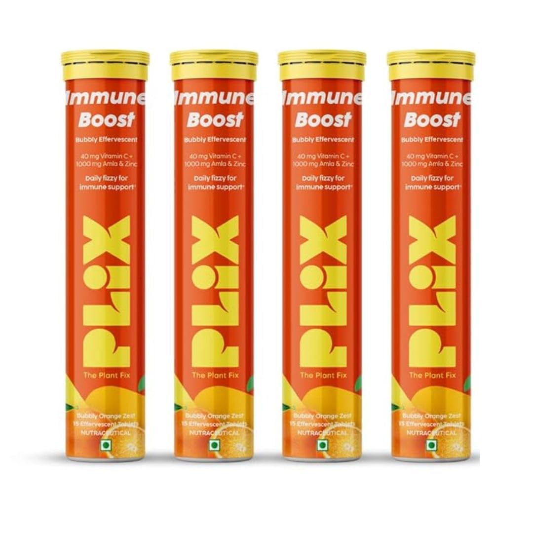 PLIX Vitamin C Immunity Booster 15 Effervescent Tablets | Pack of 4 (Orange Flavour) | Contains Amla and Zinc | Helps Improve Mood | Increases Energy Levels | Gluten-Free | Non-GMO | Vegan