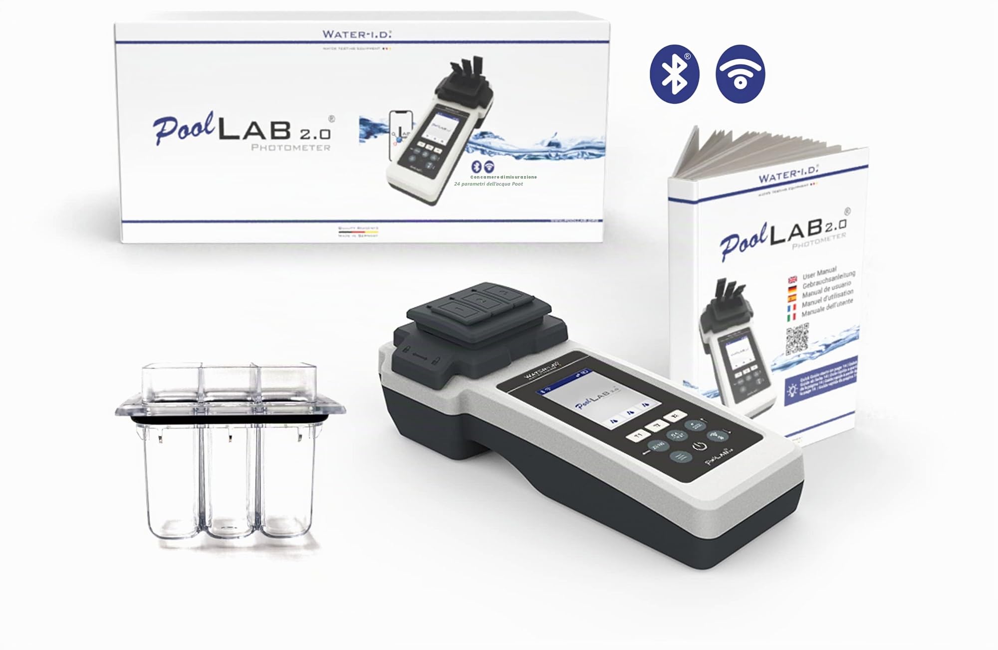 PoolLab 2.0 con 70 compresse di prova e "EXTRA CUvette" Special Edition per MediMuc – 24 parametri – App, software