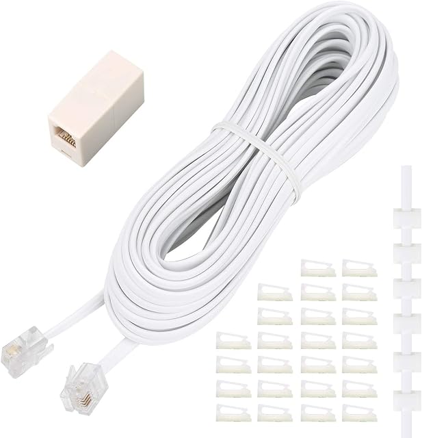 Uvital Phone Extension Cord 33 Ft, Telephone Cable with Standard RJ11 Plug and 1 in-Line Couplers and 20 Cable Clip Holders, White