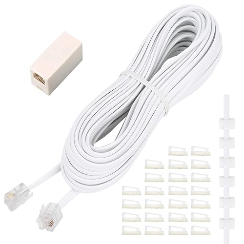 Uvital Cable de extensión de teléfono de 33 pies, cable telefónico con enchufe RJ11 estándar y 1 acopladores en línea y 20 soportes de clip de