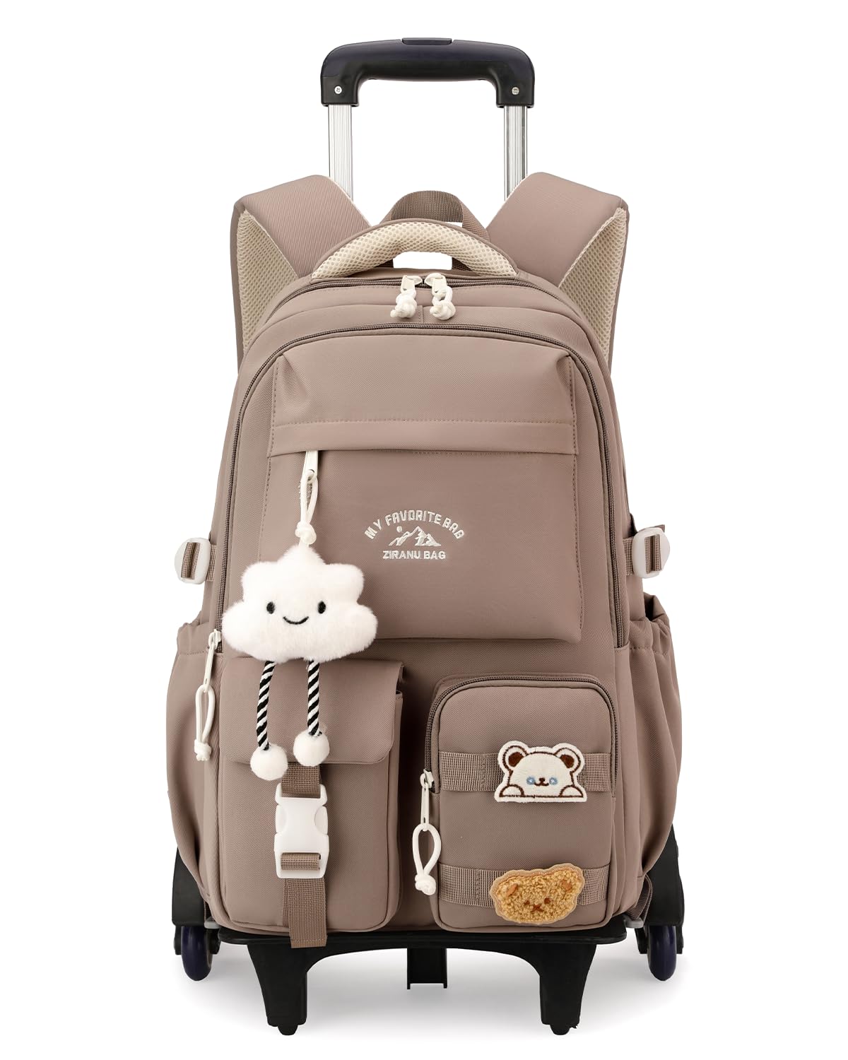 Tanou Schulrucksack Mädchen mit Rollen, 30L Rucksack Trolley 5.-12. Klasse | Abnehmbar Trolley Schulranzen für Kinder Teenager, Lässiger Reise-Rucksack mit 6 Räder, Braun