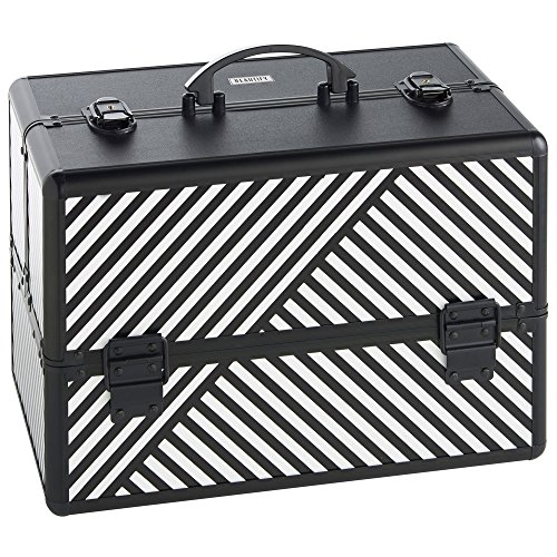 Beautify Large Cosmetic Organizer Case - 14" Professional Aluminum Makeup Storage Box (Black Stripe Beauty Train Case with Lock)