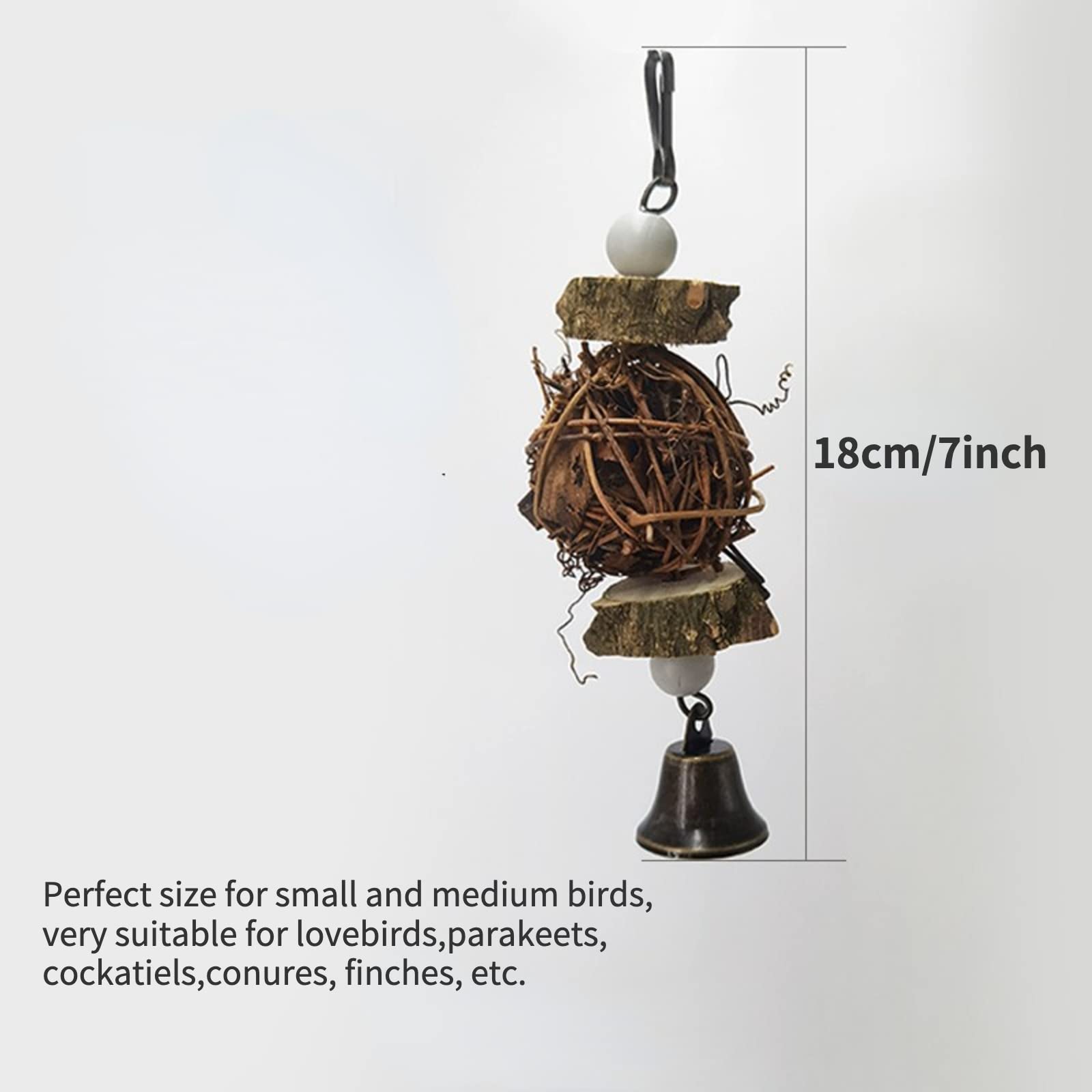 Bird Chewing Toys-Natural Wood Hanging Bird Cage Toys Set-Bird Swing Toys for Parrots, Parakeets, Cockatiels, Lovebird, Budgie, Conures (Rattan with Bell)