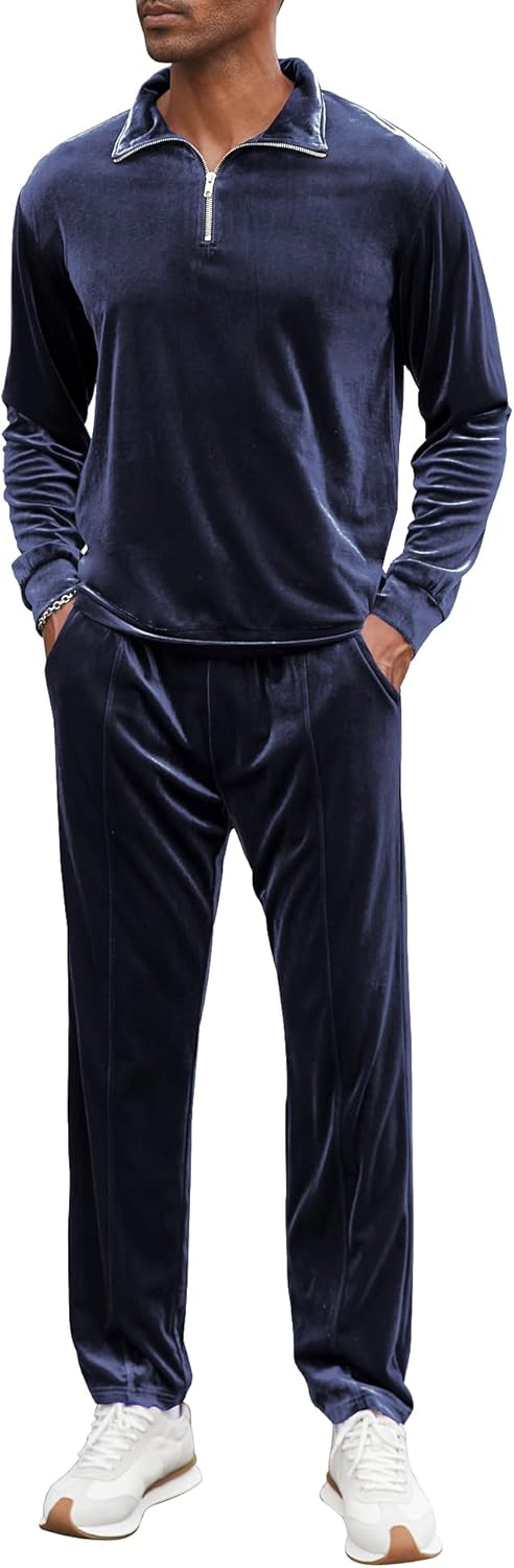 LecGee Men's 2 Piece Long Sleeve Tracksuit Velvet Quarter Zip Shirt Elastic Pant Velour Fall Casual Outfit Sweatsuit Set - Image 2