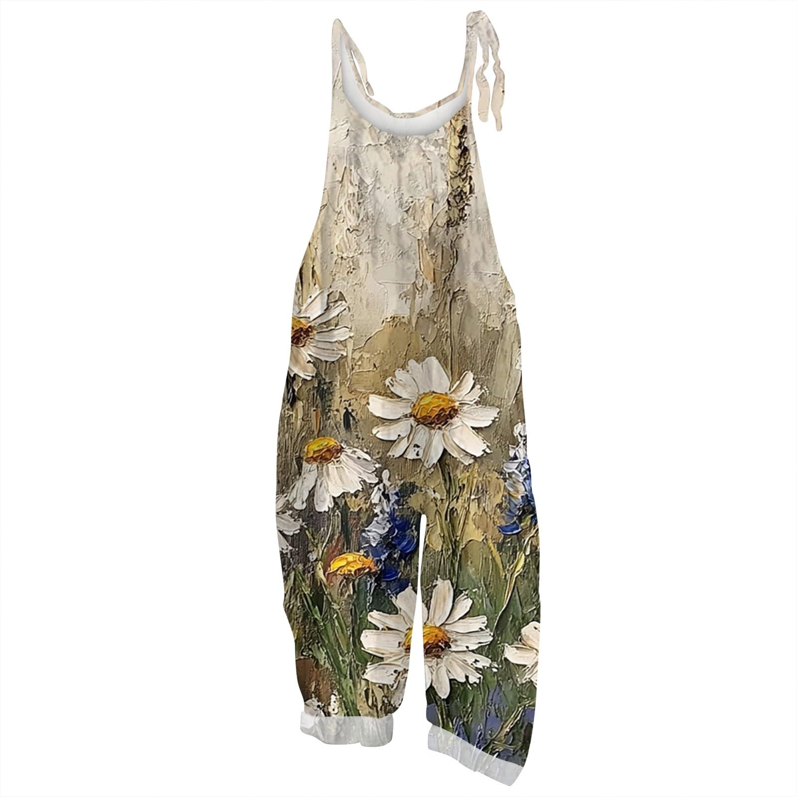 NAMTYQX Women Linen Overalls Summer Casual Floral Printed Loose Fit Jumpsuits Boho Cute Wide Leg Rompers Pants with Pockets