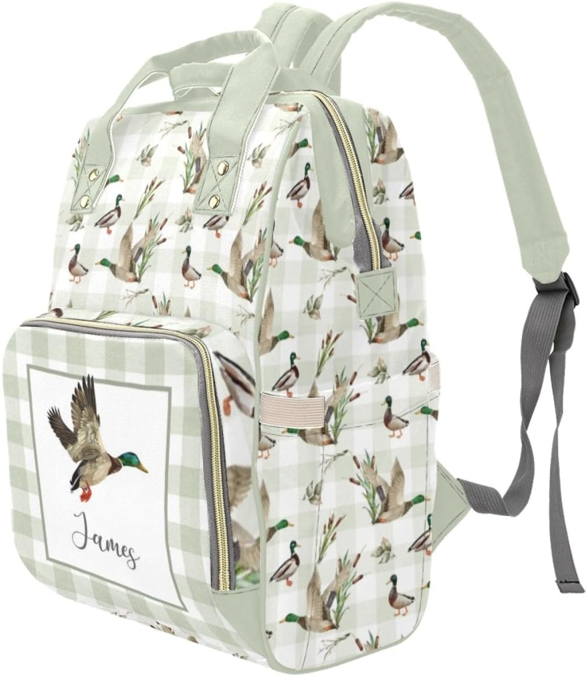 Custom Wild Ducks Diaper Bag for Women, Personalized Name Multifunction Nylon Nursing Mommy Daypack with Large Capacity for Travel, Birthday Mother Gift
