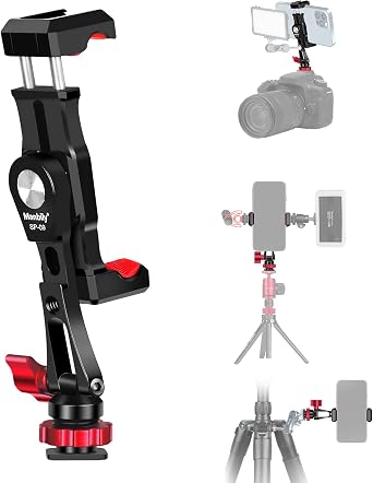 Manbily Phone Tripod Mount, Metal Smartphone Mount Adapter Camera Hot Shoe Mount, 360 Swivel 180 Flip Adjustable Phone Holder for Microphone LED LightSP-09