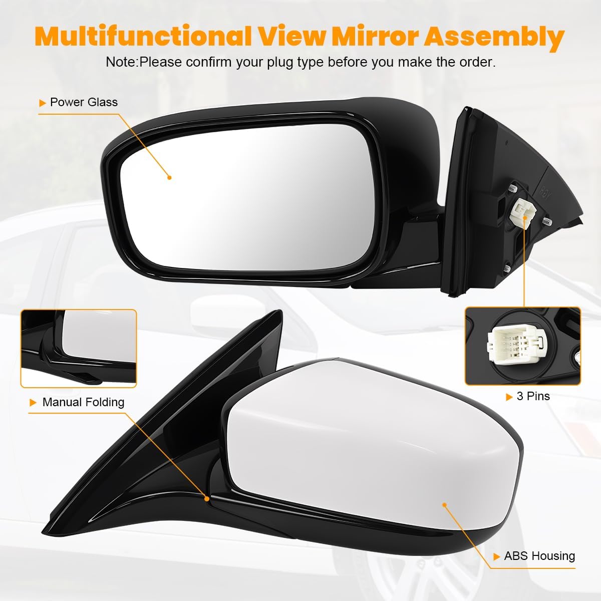 Left Driver Side Mirror compatible with Honda Accord LX EX 2003 2004 2005 2006 2007,Rear View Mirror w/Power Glass|Non-Heated|Manual Folding Replace HO1320152,76250-SDA-A13ZA(White,Left Diver Side)