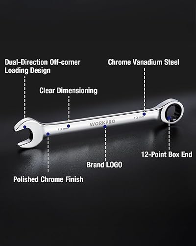 Miniatura 104 de WORKPRO Juego de llaves combinadas de trinquete de cabeza flexible de 8 piezas, SAE 5/16-3/4 pulgadas, 72 dientes, construcción CR-V, niquelado