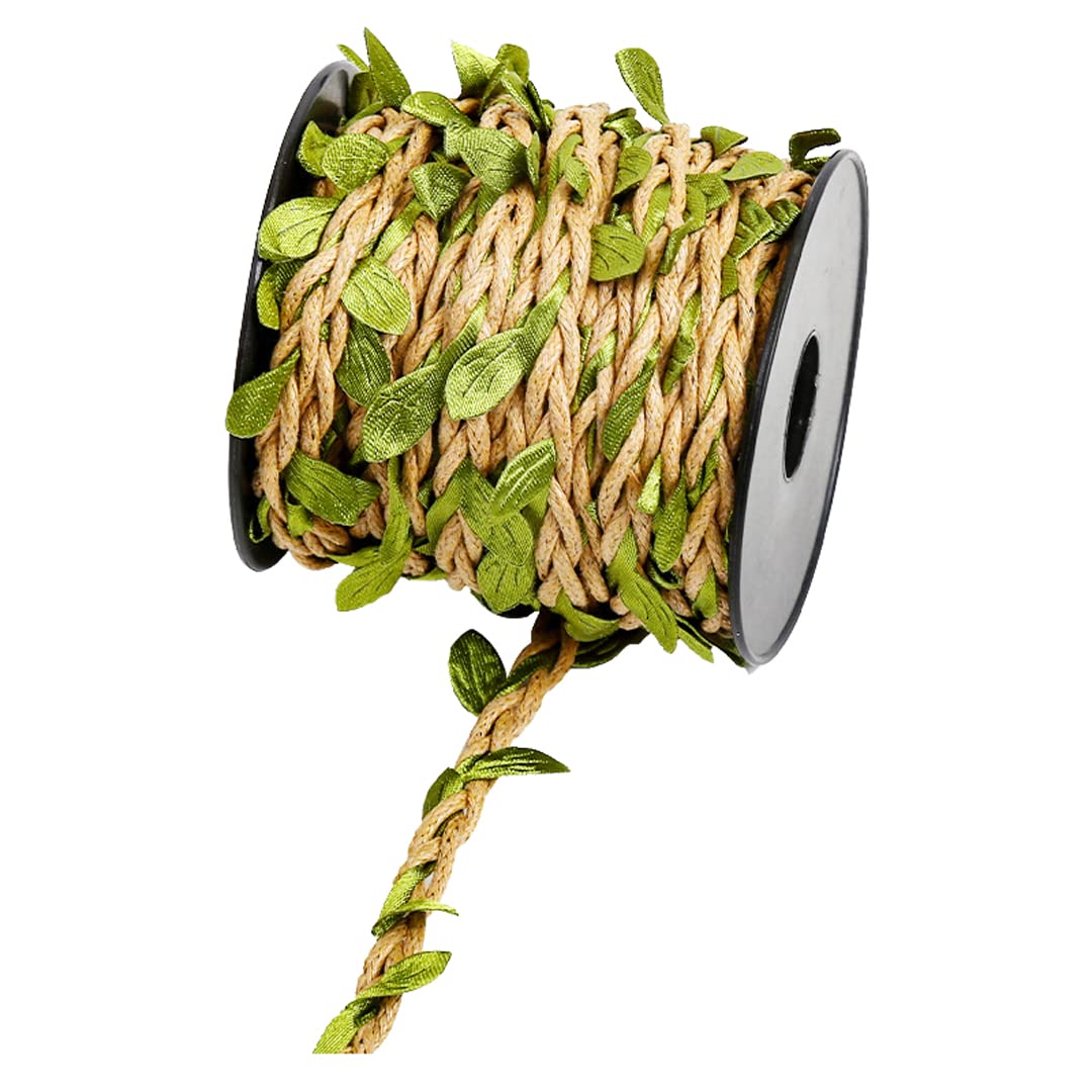2 Rolls Waxed Jute Twine with Simulation Leaf Braided Artificial Vine Natural Burlap Leaf Ribbon Creative Hemp Rope Dark Brown