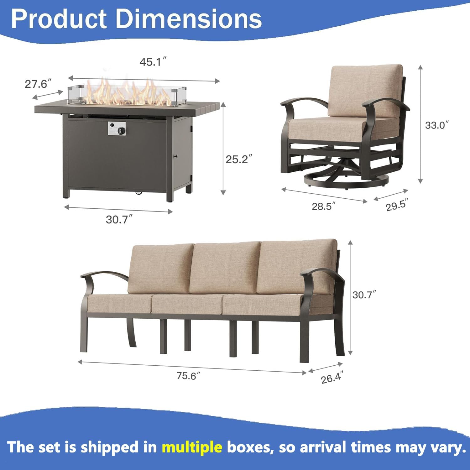 Aluminum Outdoor Patio Furniture Set,4 Pieces 5 Seats Patio Conversation Sets with 45" Propane Fire Pit Table,Metal Patio Sectional Furniture Set with 2 Swivel Rocking Chairs,Sand