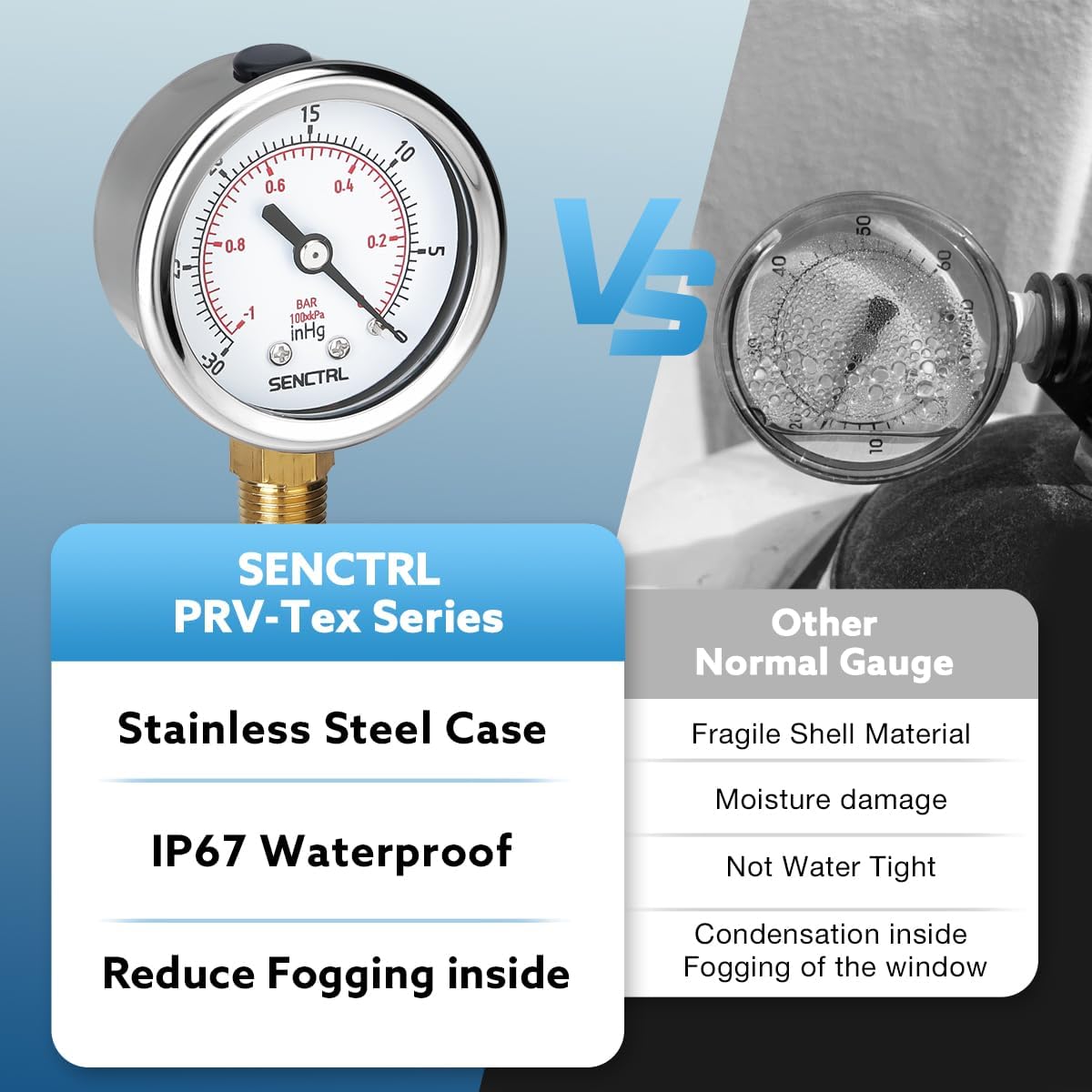 SENCTRL 30inHg Vacuum Pressure Gauge, 2" Dial, 1/4 NPT Lower Mount, Waterproof, Stainless Steel Case, for Tube Tester, HVAC, Pneumatic Air Compressor, Hand Pump, Valve Test