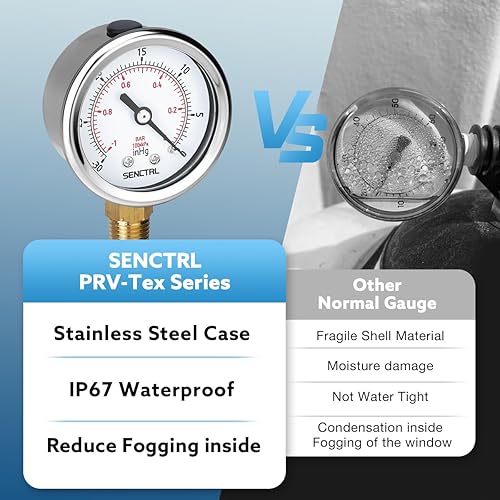 Miniatura 47 de SENCTRL Medidor de presión sin plomo de 100 psi, dial de 2 pulgadas, montaje inferior 1/4 NPT, impermeable, caja de acero inoxidable, para tanque