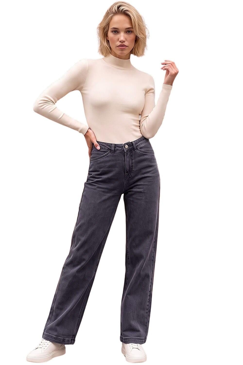 Roman Originals Women's Charcoal Wide Leg Jeans For Uk Denim Trousers Palazzo Pants Jeggings Stretchy Cotton Summer Winter Smart Office Work Party Flattering Bottoms - Size 14