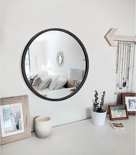 Miniatura 33 de JJUUYOU Espejo circular de pared redondo para baño, espejo de tocador gris, pequeño círculo decorativo para pared, marco de madera, espejo
